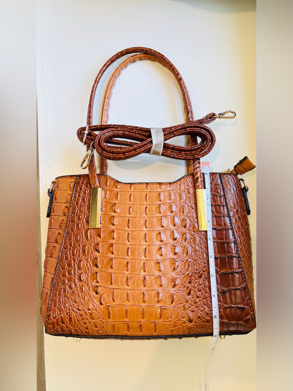 Croc-Embossed Shoulder Tote in Cognac Brown with Gold Accents and strap - Picture 5 of 15